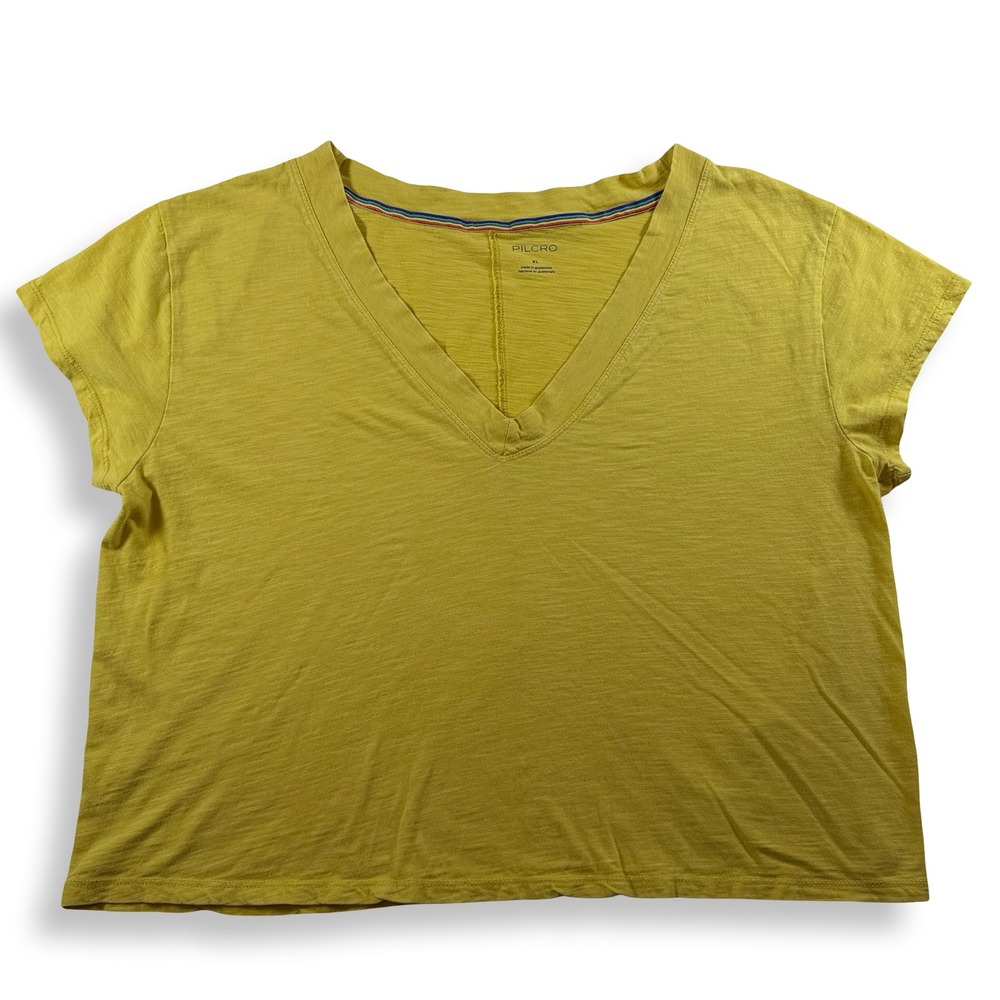 Pilcro Anthropologie Yellow Slub Cotton V-Neck T-Shirt XL Rainbow Trim OB1737514